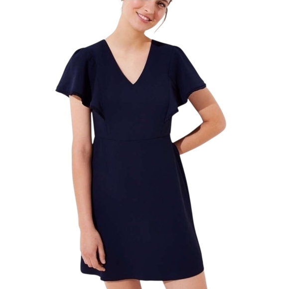 Ann Taylor LOFT Fit Flare Dress Navy Blue Fringe Short Sleeve V Neck 8 - Picture 2 of 9